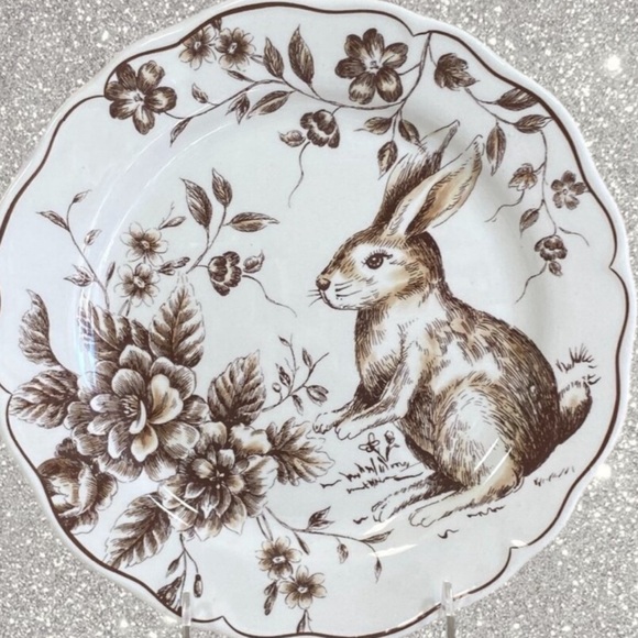SETOF 4 Maxcera Easter Bunny Brown White Toile Salad Plates NEW